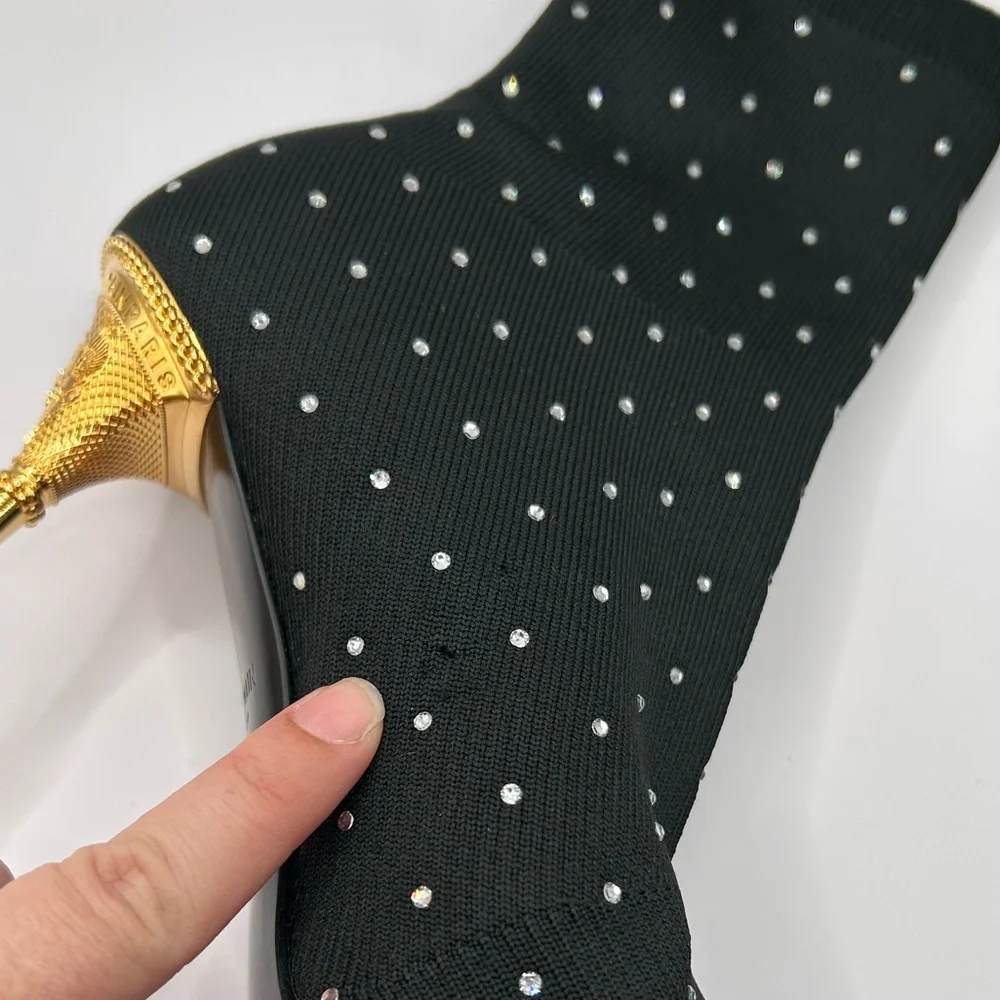 Balmain Black and Gold Moneta Rhinestone Knit Ankle Boots - Picture 9 of 11